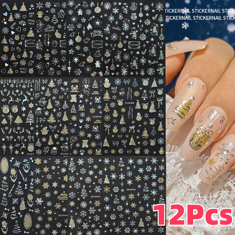 Nail Art Xmas Design - 12 pçs 3d laser prata natal