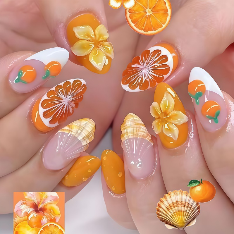 Nail Art Orange - Novo 2026 30 peças Unhas Postiças