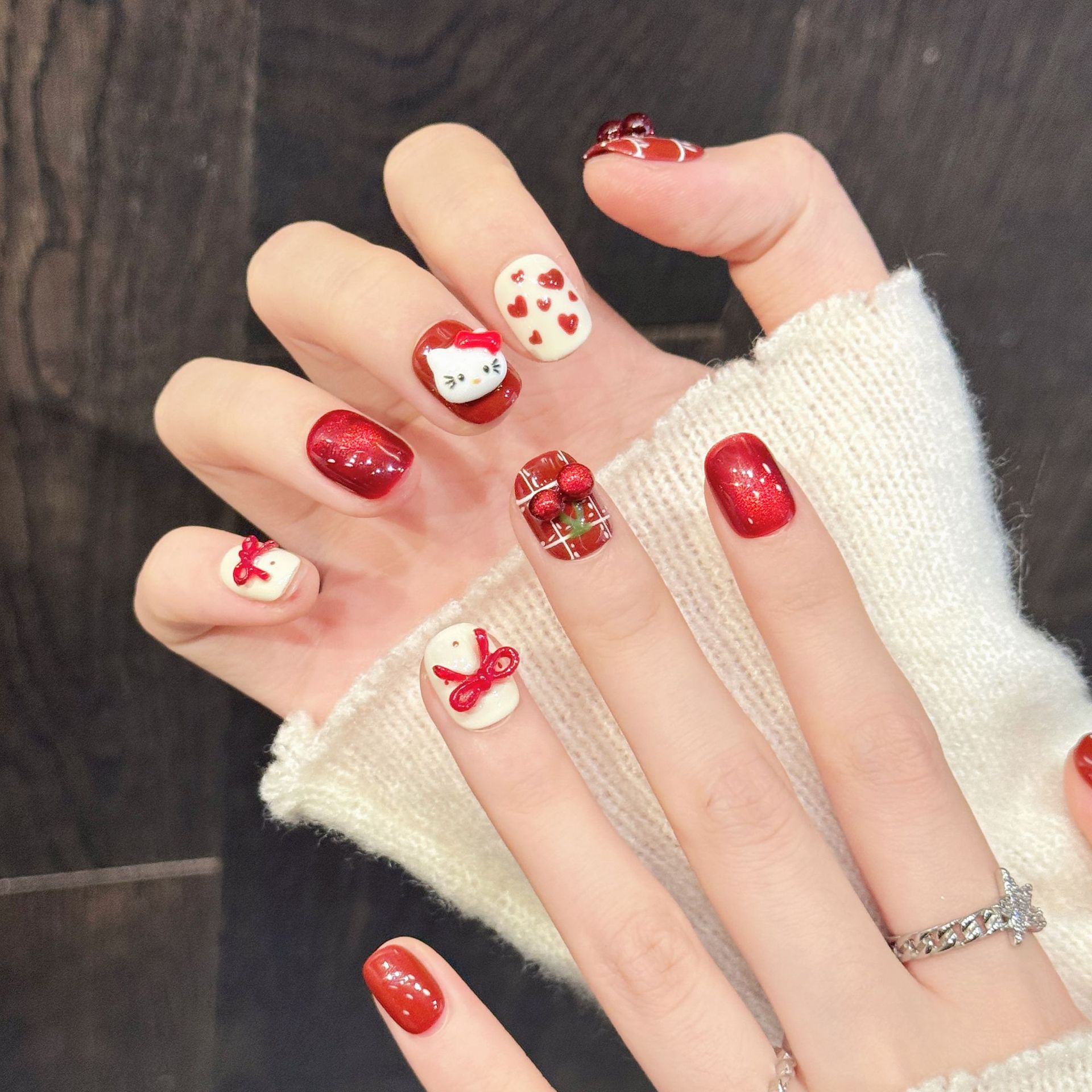 10PCS Unhas Postiças Artesanai - Nail Art Red Cherry avaliação e preço