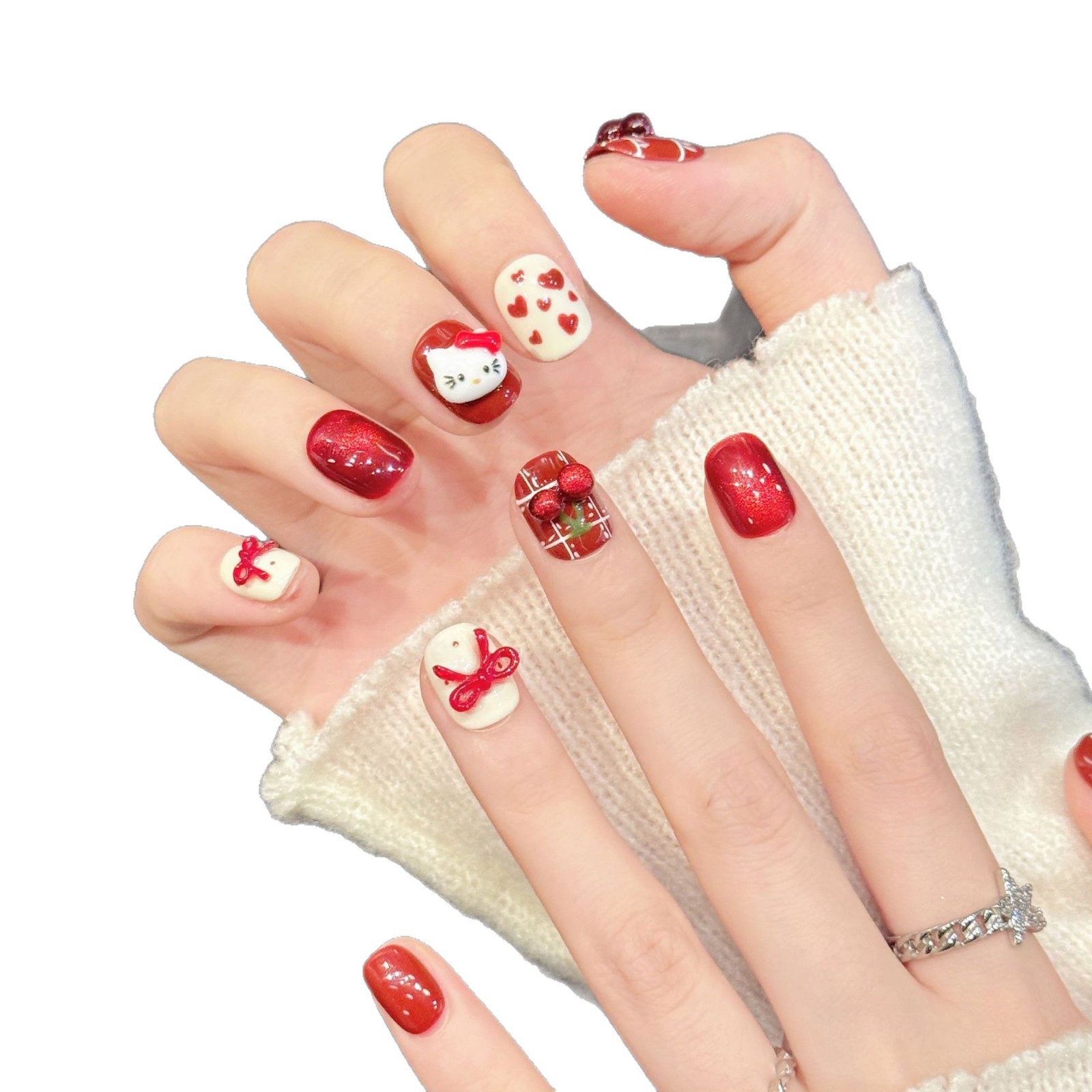10PCS Unhas Postiças Artesanai - Nail Art Red Cherry avaliação e preço